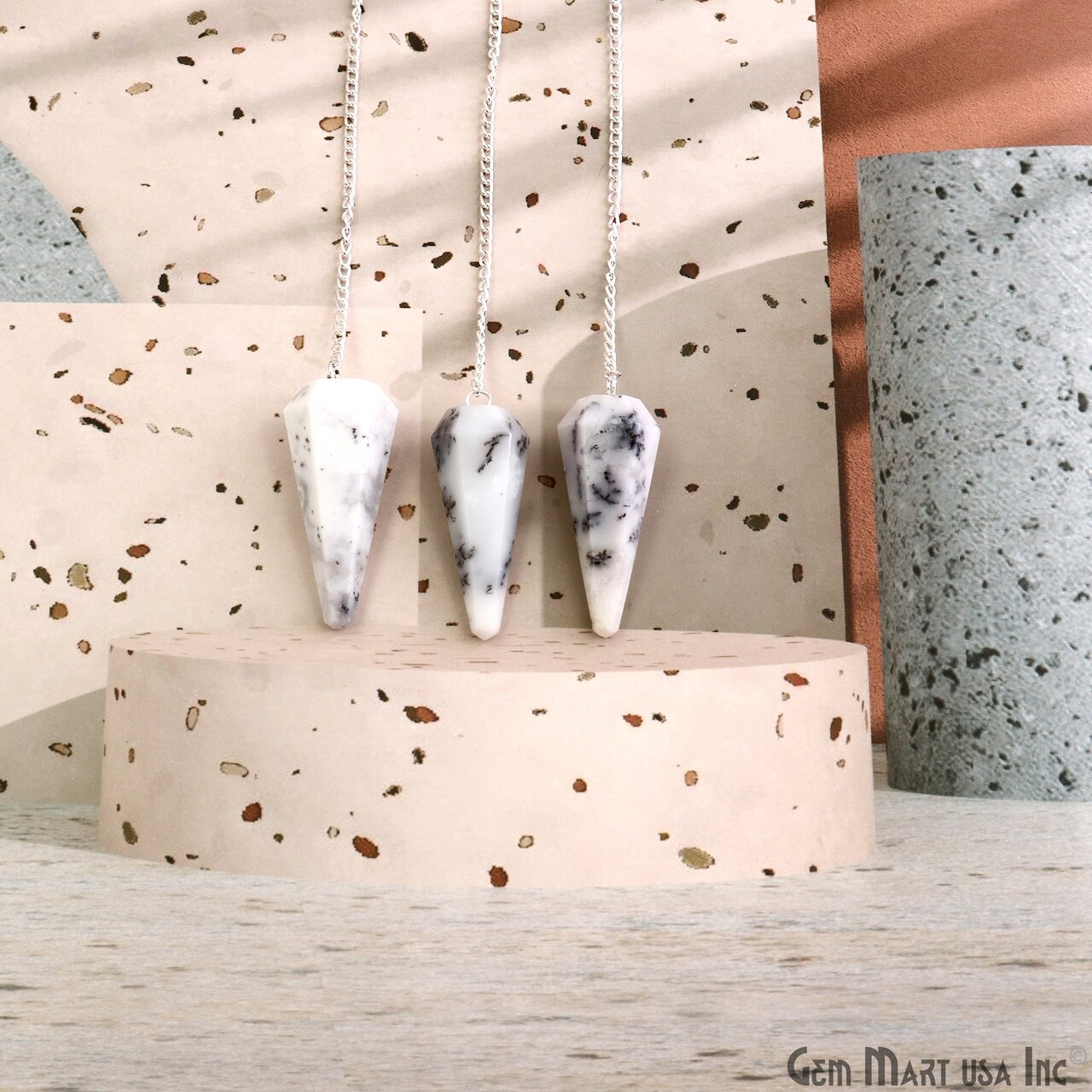 Gemstone Dowsing Pendulum Pendant, 44x16mm Silver Plated Handmade Pendant with Chain, GemMartUSA (14007)